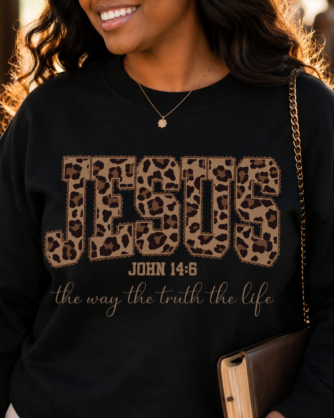 Jesus John 14:6 Leopard Print Christian Sweatshirt | The Way, The Truth, The Life | Faith-Based Cozy Crewneck | Christian Gift for Women