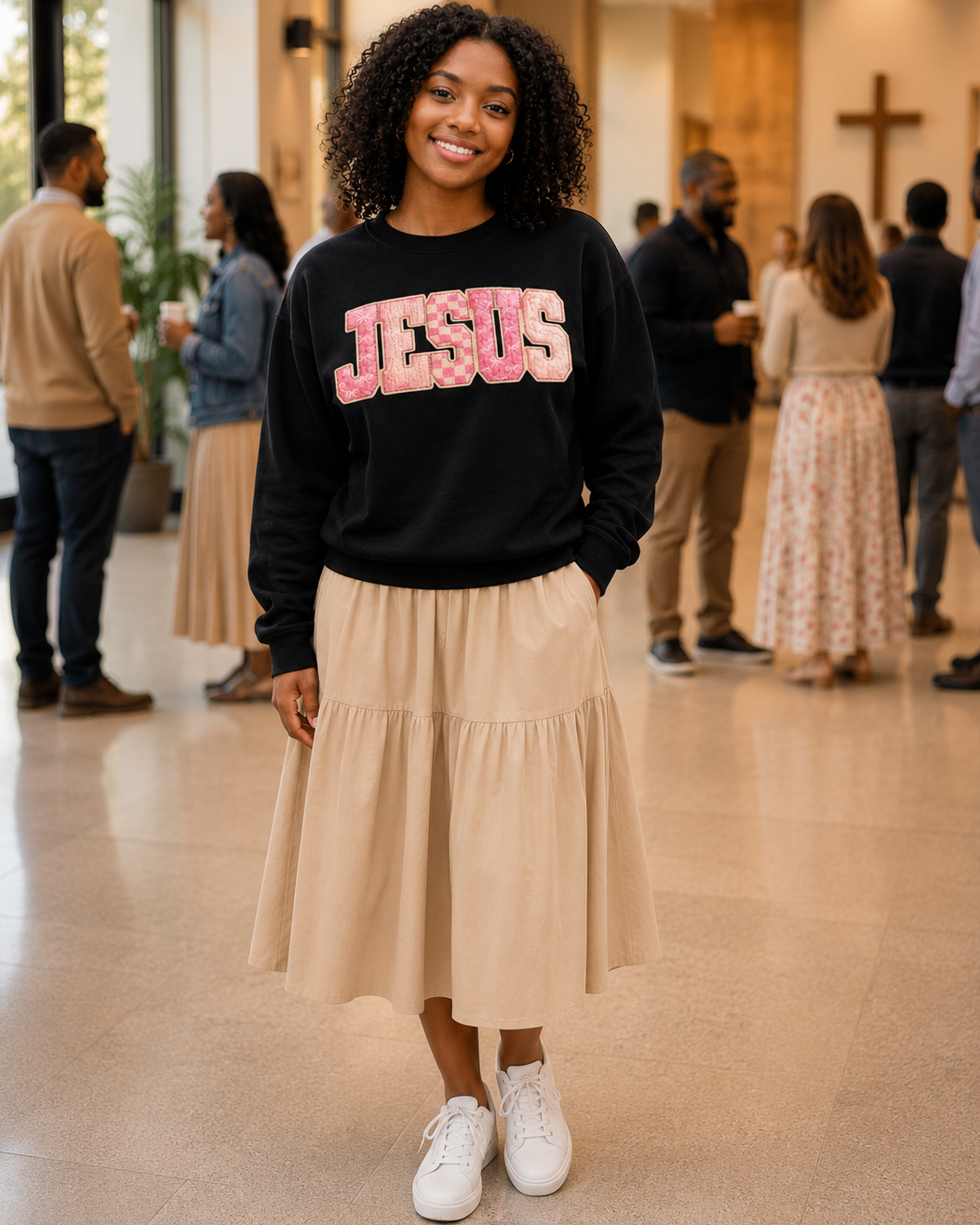 “JESUS” Pink Textured Letter Sweatshirt | Bold Faith Graphic Crewneck