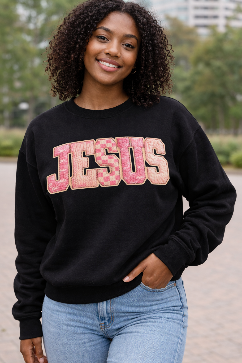 “JESUS” Pink Textured Letter Sweatshirt | Bold Faith Graphic Crewneck