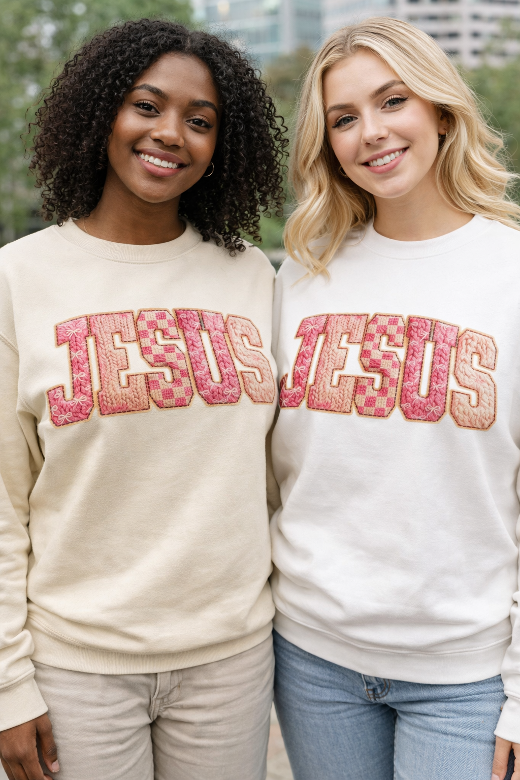 “JESUS” Pink Textured Letter Sweatshirt | Bold Faith Graphic Crewneck