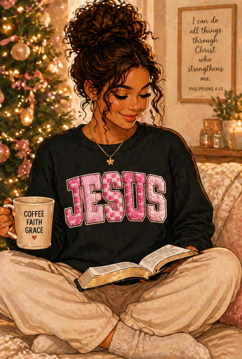 “JESUS” Pink Textured Letter Sweatshirt | Bold Faith Graphic Crewneck