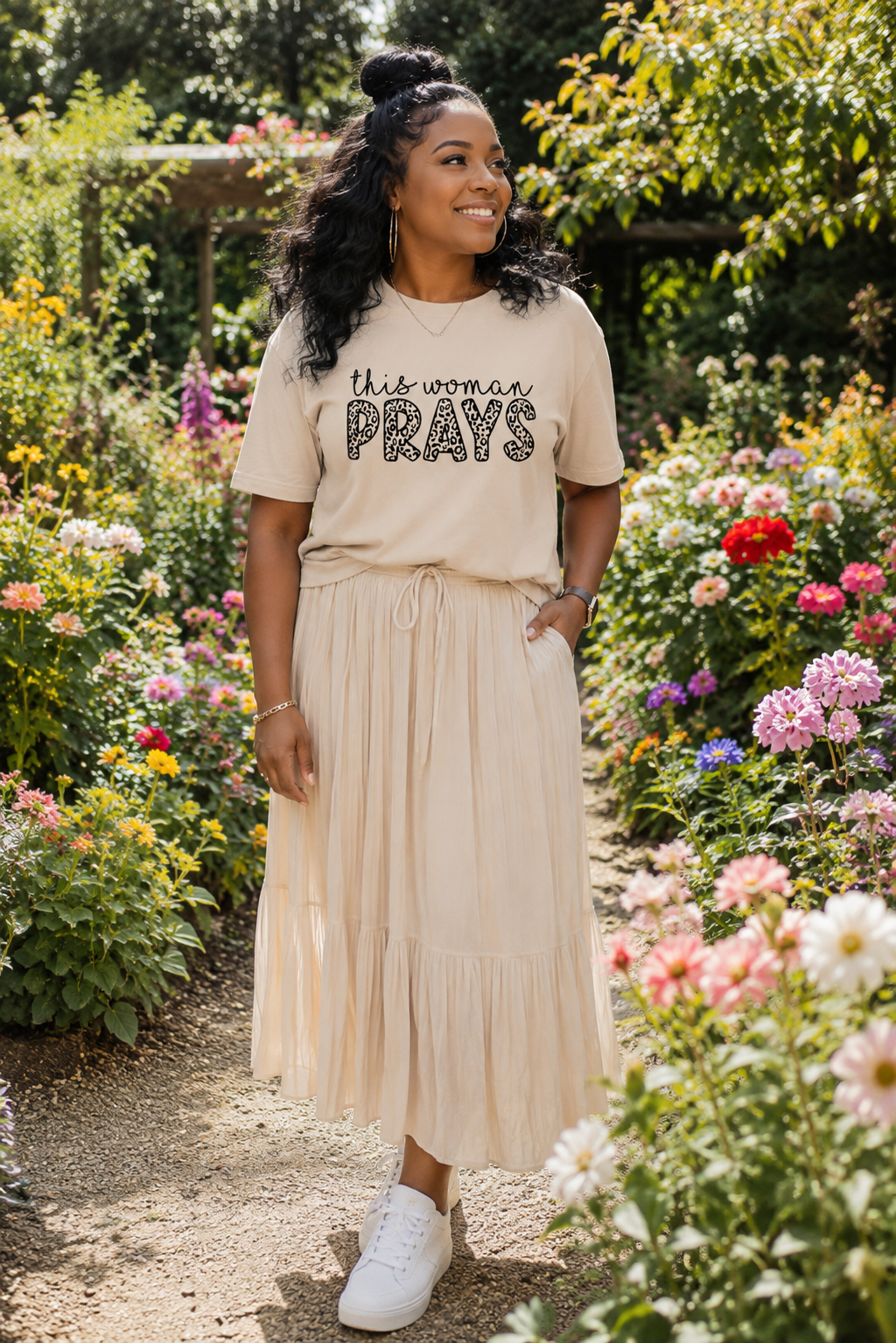 This Woman Prays Shirt | Christian Women’s T-Shirt | Faith Graphic Tee | Embroidered Look Prayer Shirt | Modest Christian Apparel | Gift for Her