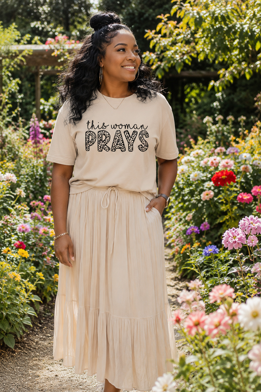 This Woman Prays Shirt | Christian Women’s T-Shirt | Faith Graphic Tee | Embroidered Look Prayer Shirt | Modest Christian Apparel | Gift for Her