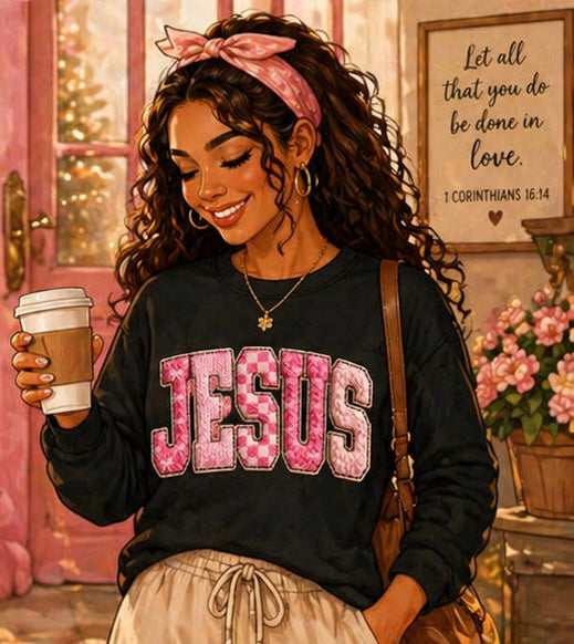 “JESUS” Pink Textured Letter Sweatshirt | Bold Faith Graphic Crewneck