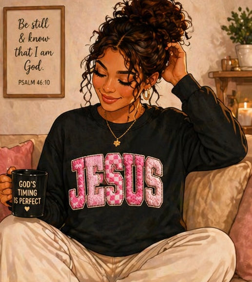 “JESUS” Pink Textured Letter Sweatshirt | Bold Faith Graphic Crewneck