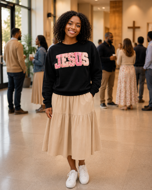 “JESUS” Pink Textured Letter Sweatshirt | Bold Faith Graphic Crewneck